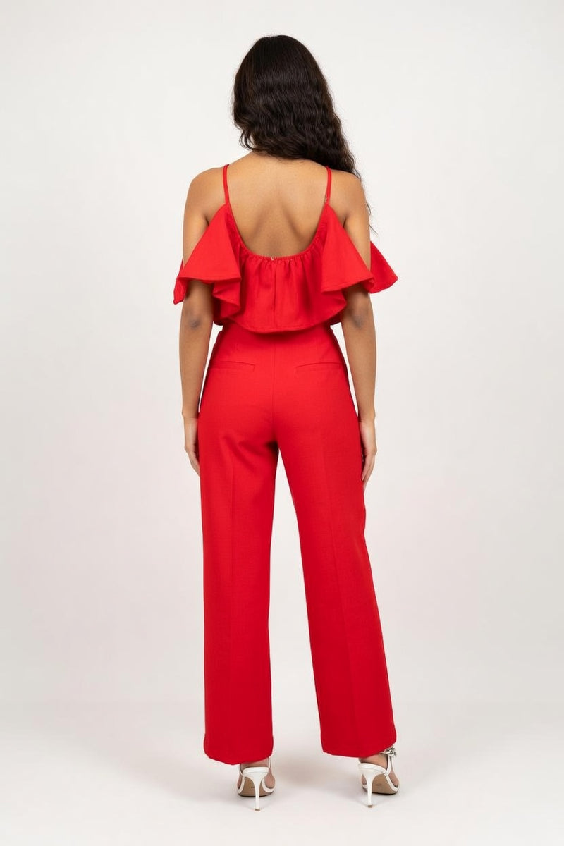 Ruffle Halter Top & High-Waist Trouser Set — back view