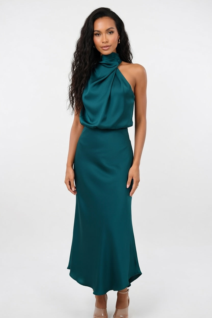 Sleeveless Satin Dress — Lake Blue
