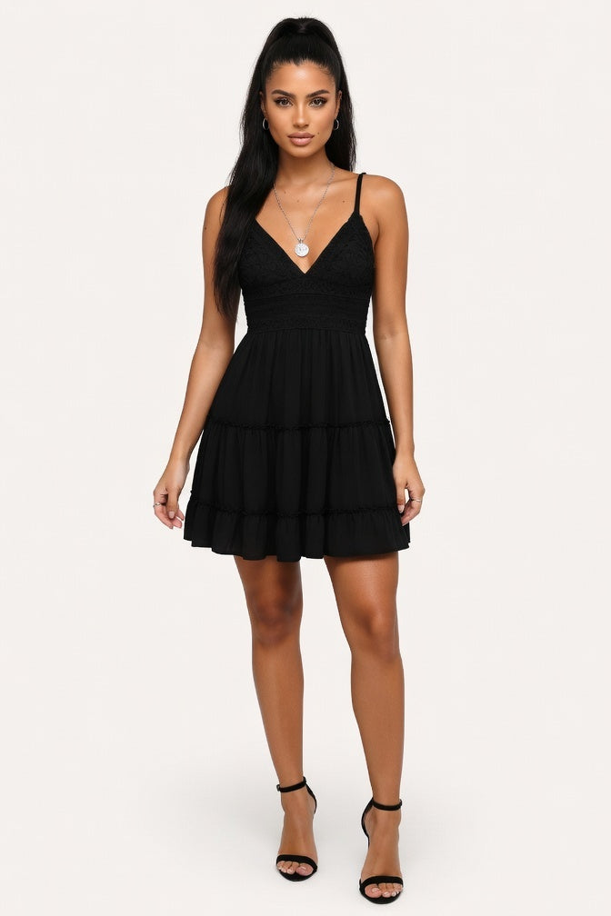 Lace Splice Suspender Dress — Black
