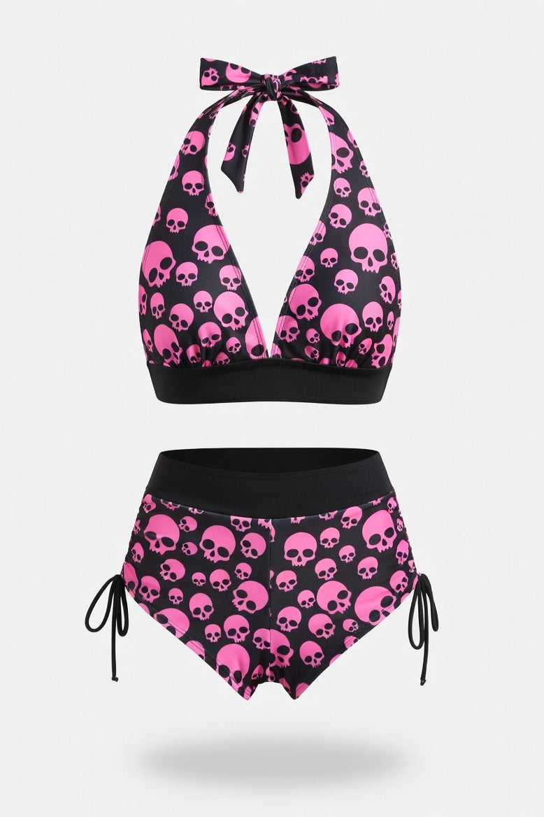 Skull Print One-Piece Swimsuit — Pink Dot