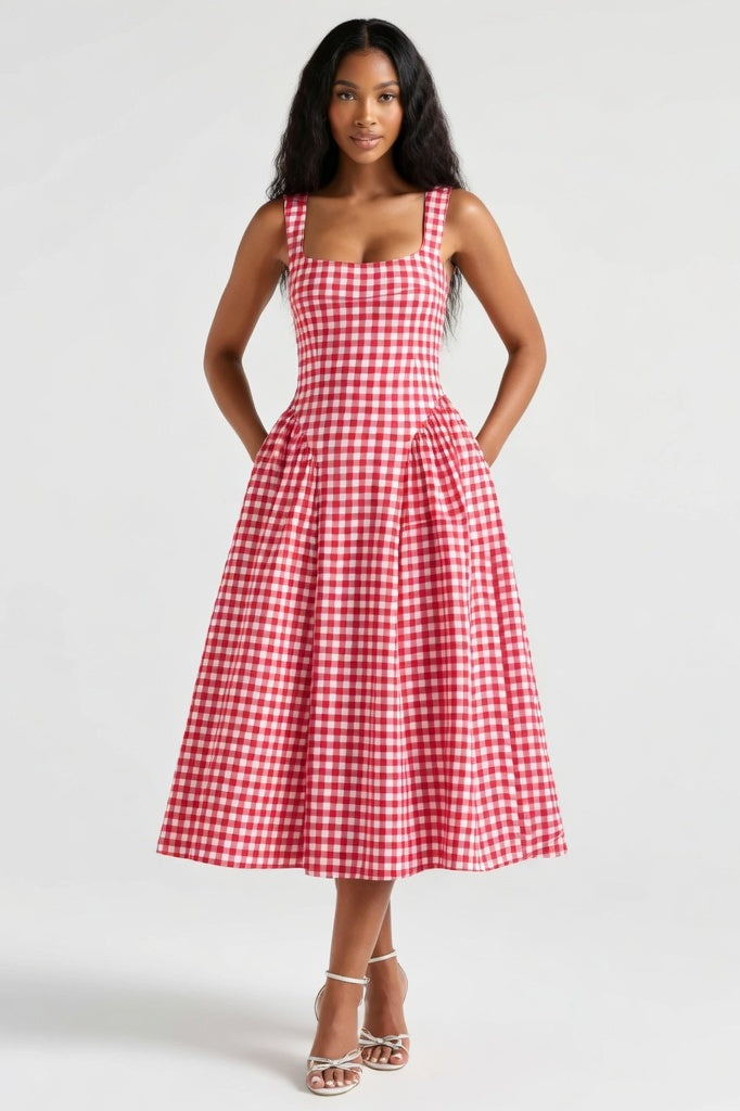 Square Neck Printed Slip Dress — Red