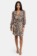 Mesh Sleeve Deep V Midi Dress — Leopard