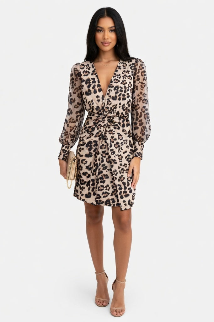 Mesh Sleeve Deep V Midi Dress — Leopard