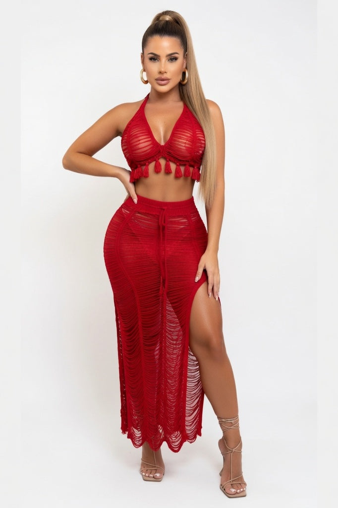 Tassel Bandeau & Skirt Co-ord Set — Red