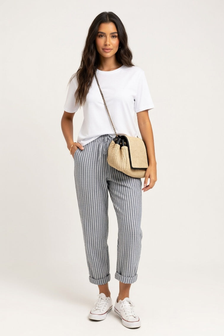 Striped Wide Leg Trousers — Grey
