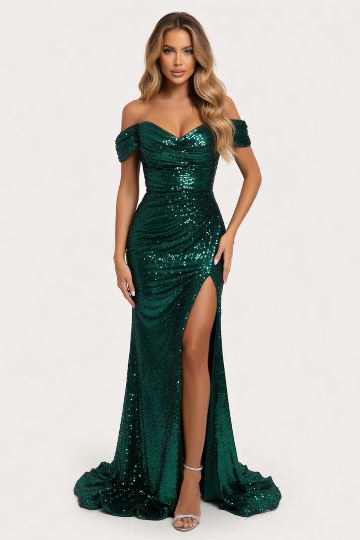 Sequined Off-Shoulder Mini Dress — Green