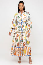 Printed Swing Dress with Lantern Sleeves — White