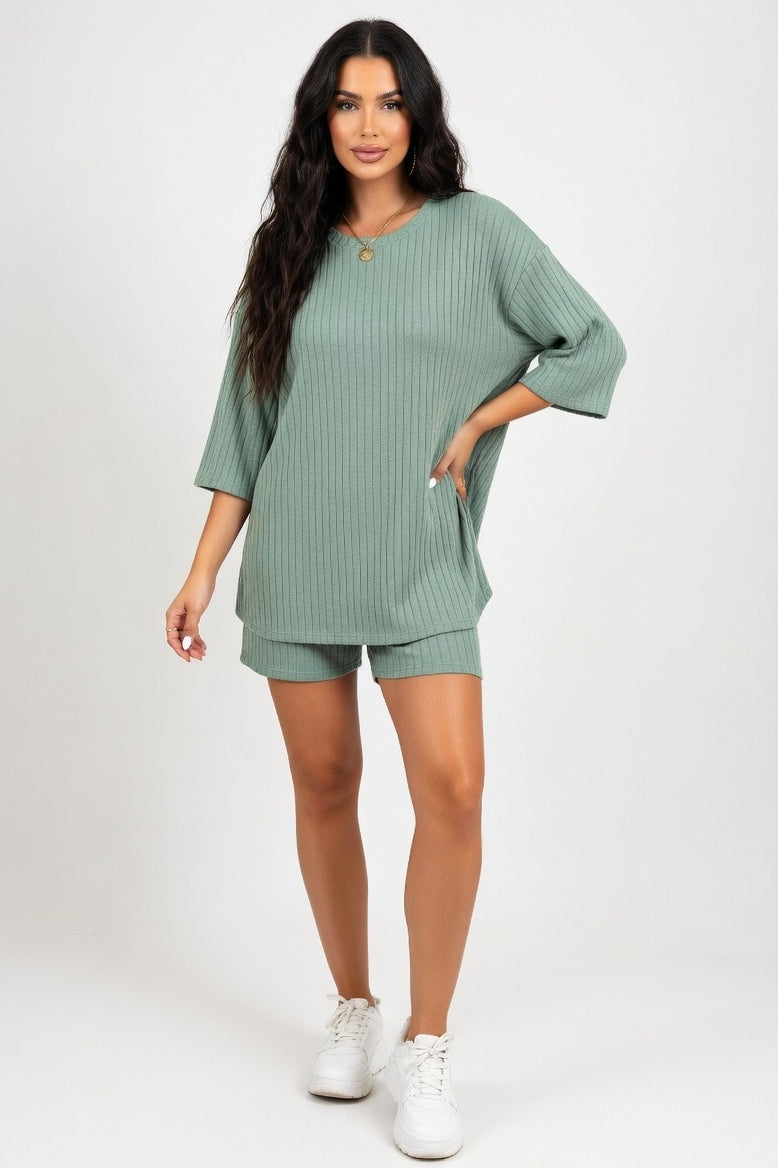 Round Neck Shorts Co-Ord Set — Green