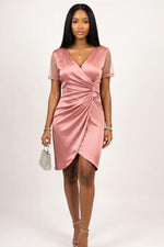 Satin V-Neck Mini Dress — Pink