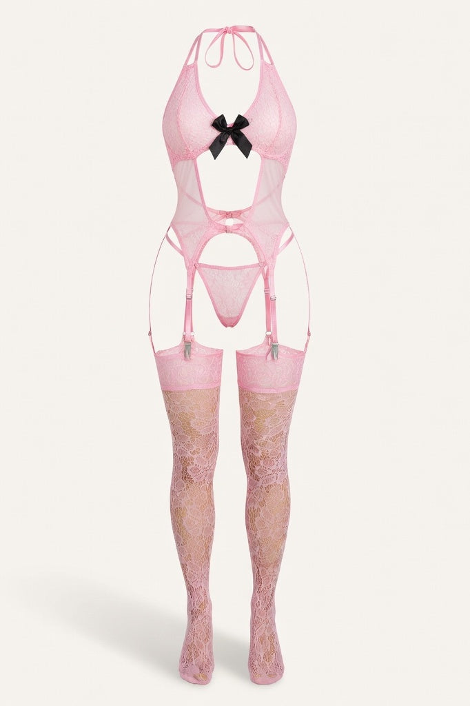 Sheer Bodysuit with Bow Detail — Purple