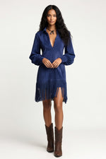Suede V-Neck Mini Dress — Navy Blue