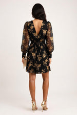 Printed Mesh Sleeve Deep V Midi Dress — back view