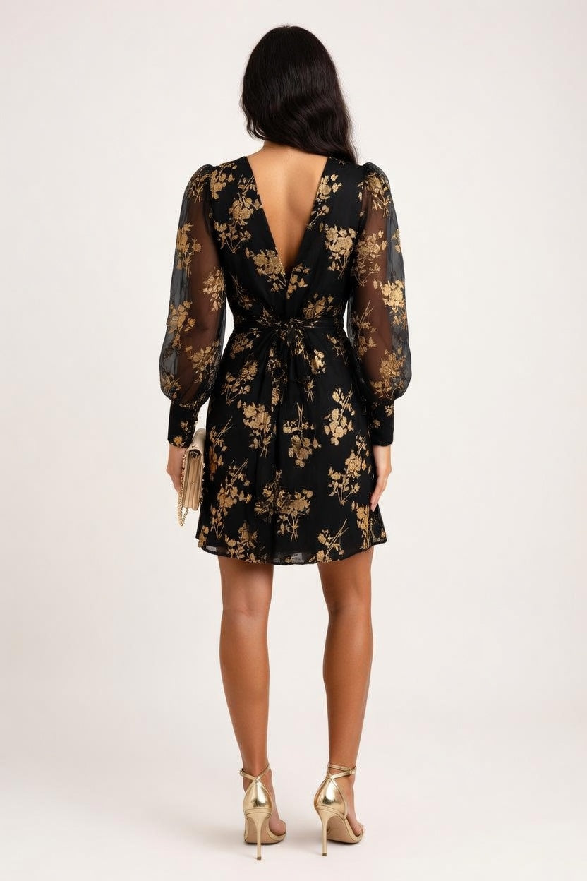Printed Mesh Sleeve Deep V Midi Dress — back view