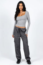 Ribbed U-Neck Long Sleeve Top — Dark Grey