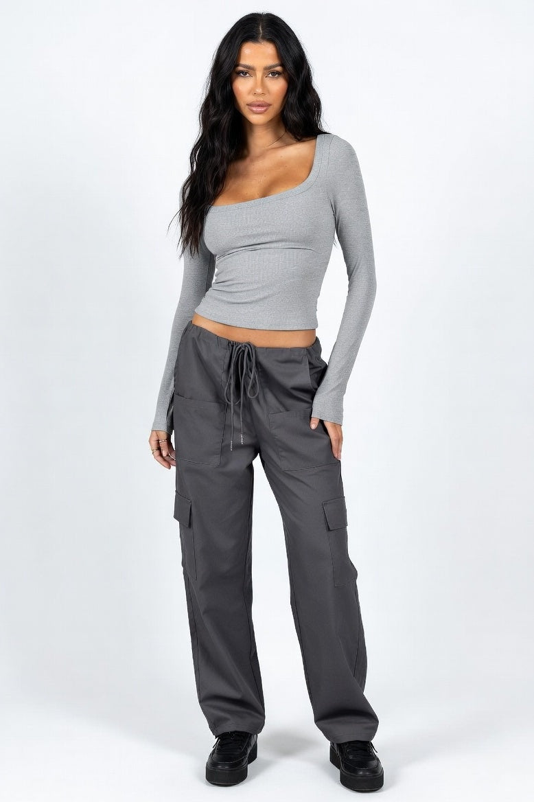 Ribbed U-Neck Long Sleeve Top — Dark Grey