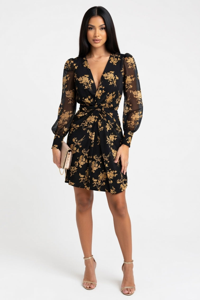 Printed Mesh Sleeve Deep V Midi Dress — Black Yellow Floral