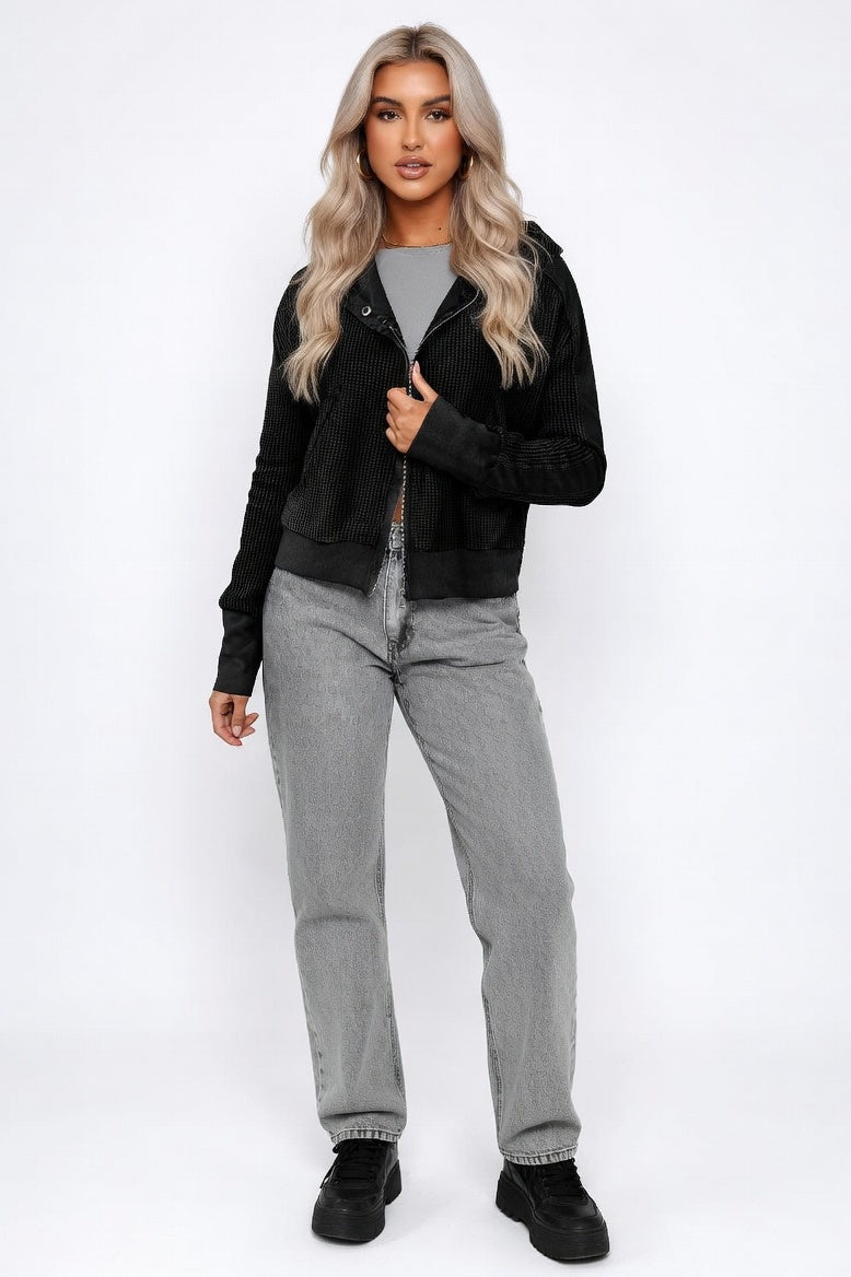 Waffle Knit Zip Hoodie — Black