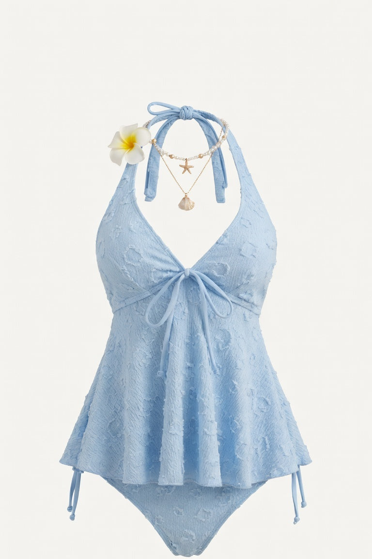 Lace Halter Swimsuit with Ruffle Detail — Blue