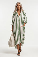 Striped V-Neck Shirt Dress — Green
