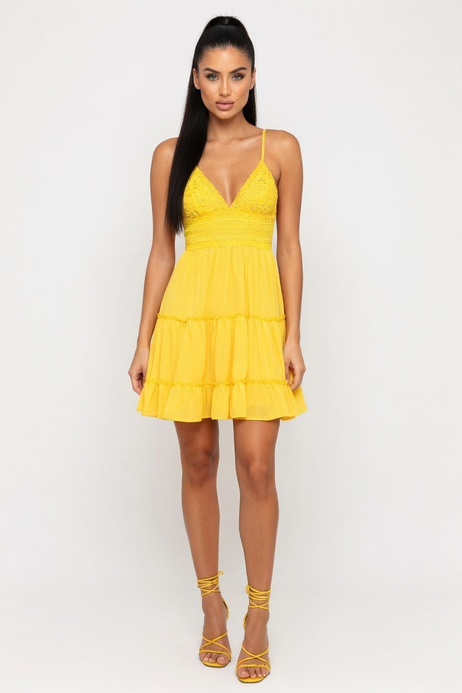 Lace Halter Dress — Yellow
