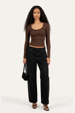 Ribbed Bow Detail Long Sleeve Top — Coffee Brown