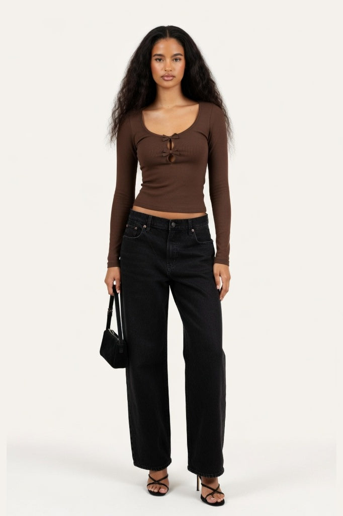 Ribbed Bow Detail Long Sleeve Top — Coffee Brown