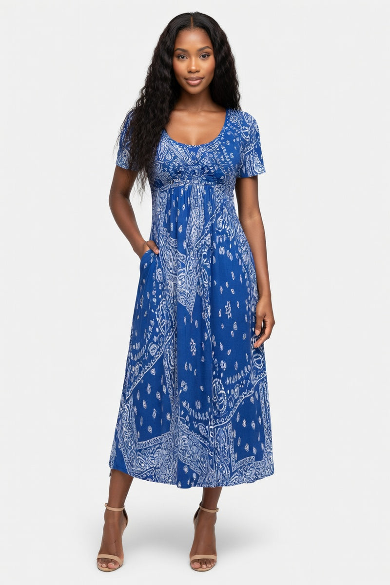 Printed Midi Dress Round Neck Short Sleeve — Blue