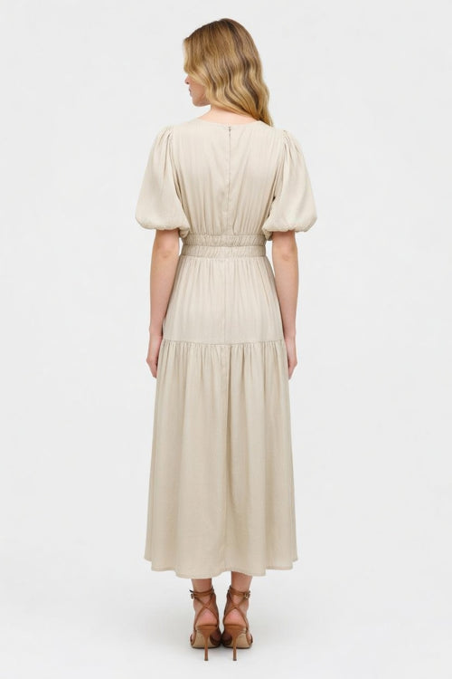 Deep V Puff Sleeve Maxi Dress — back view