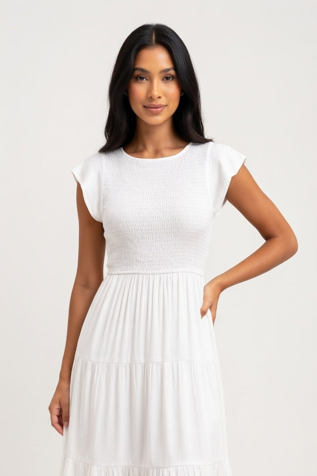 Tiered Mini Dress with Flutter Sleeves — White