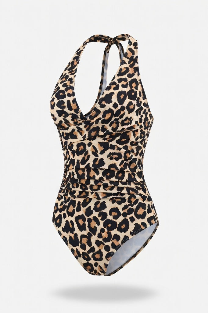 Cross Back Colour Block Swimsuit — All Over Leopard