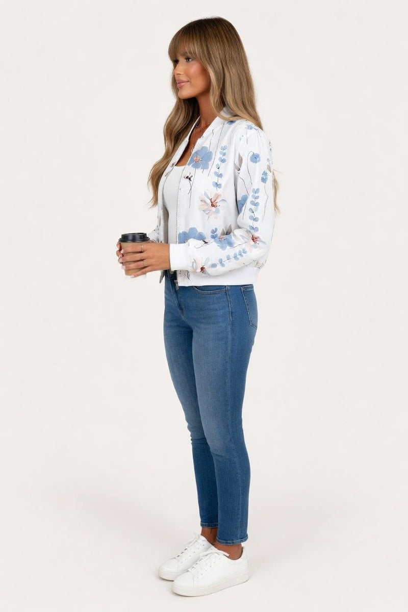 Floral Print Zip Front Cropped Jacket — side view