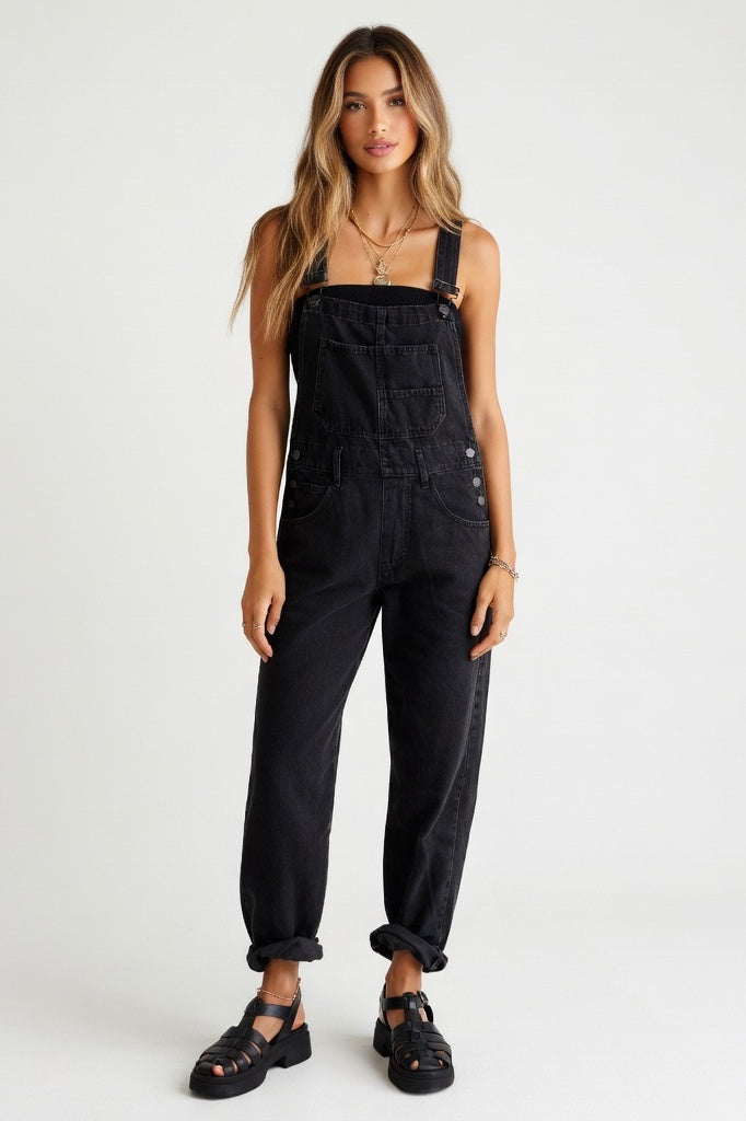 Washed Denim Overalls — Black
