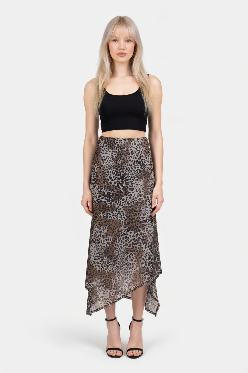 Leopard Print Mesh Maxi Skirt — front view