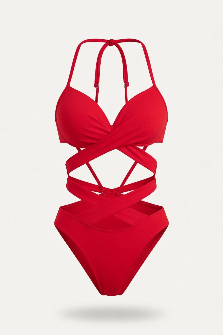 High Waist Cut-Out Bikini — Red