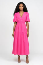Deep V Puff Sleeve Maxi Dress — Rose Red