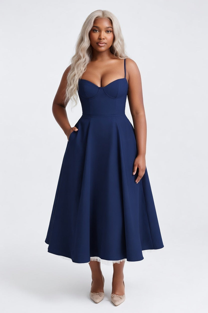 Double Layer Mesh Halter Dress — Navy Blue