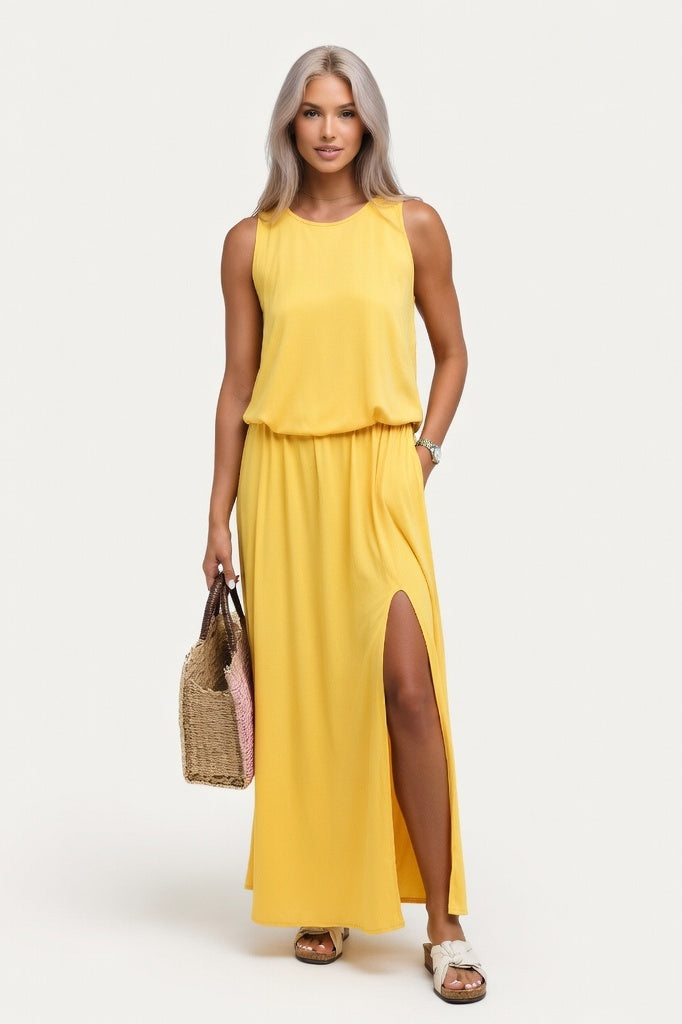 Modal Halter Split Midi Dress — Yellow