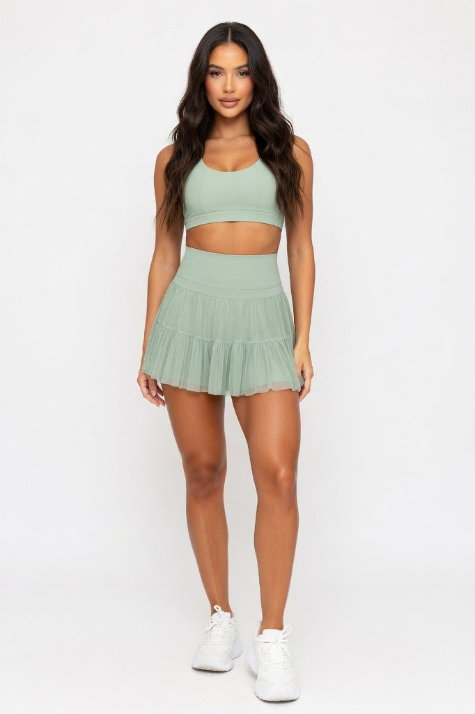 High Waisted Mini Skirt with Safety Shorts — Light Green