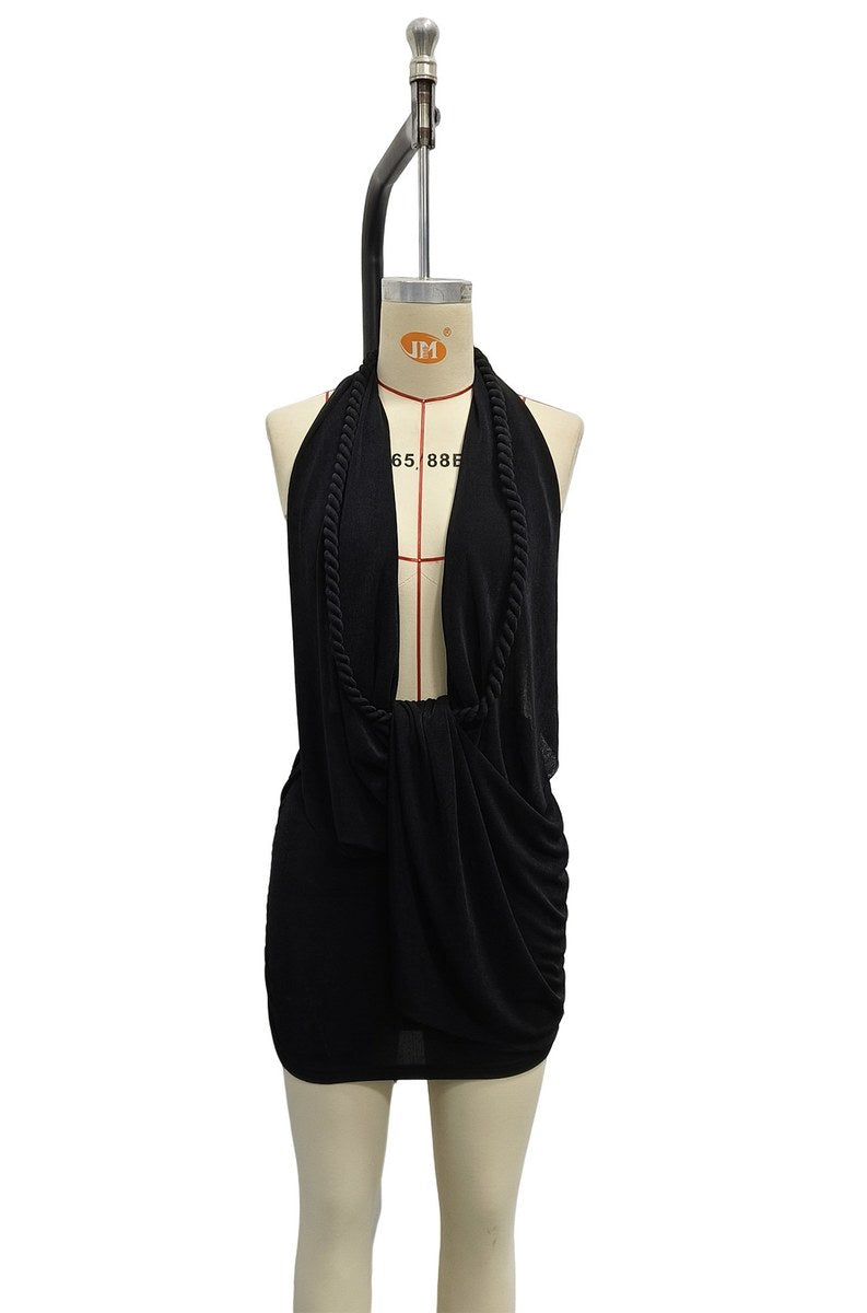 Deep V Halter Mini Dress — Black — colour variant