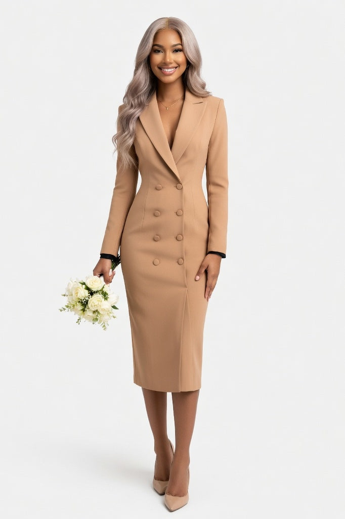 V-Neck Double Breasted Dress — Khaki