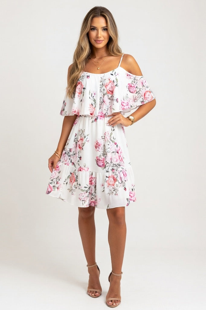 Off-Shoulder Chiffon Dress — White