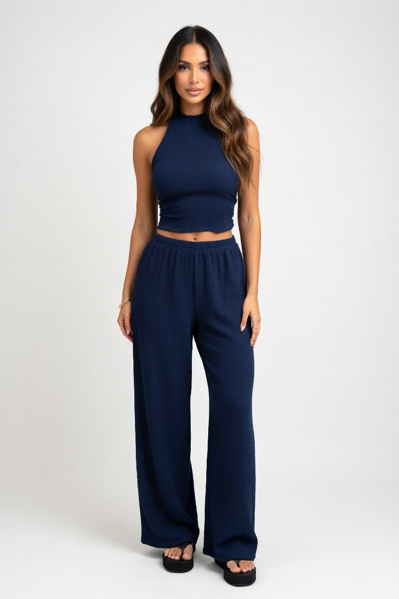 Vest & Wide Leg Trouser Co-ord — Navy Blue