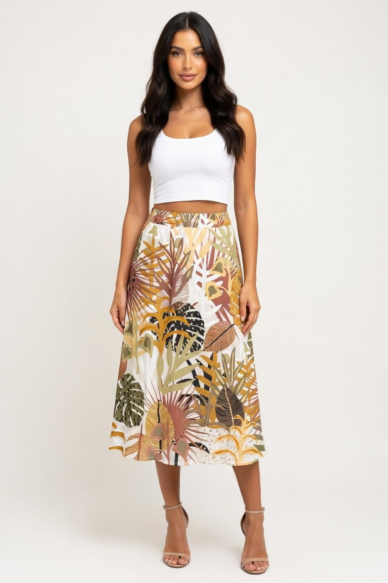 Leopard Print Elastic Waist Skirt — Brown