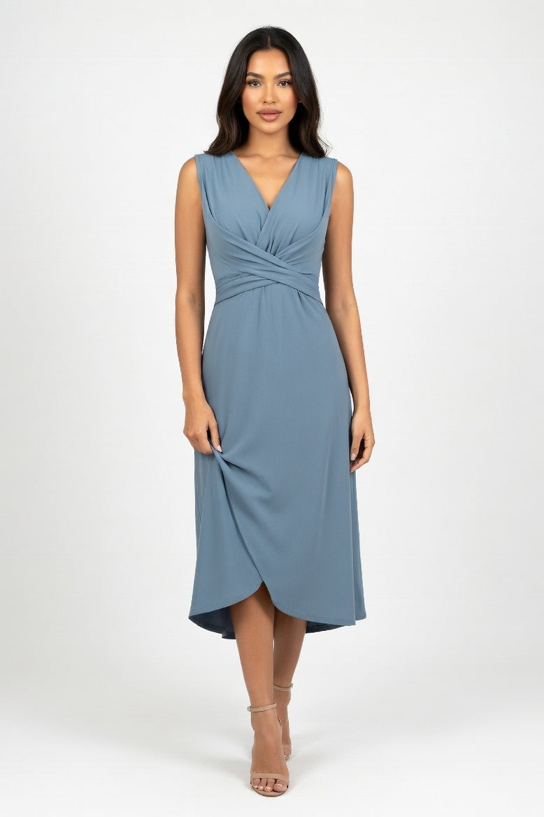 Cross Waist V-Neck Midi Dress — Slate Grey