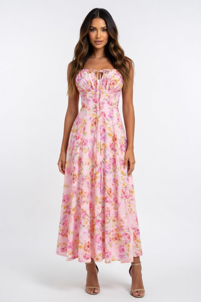 Cross-Back Print Maxi Dress — Pink Base Pink Floral