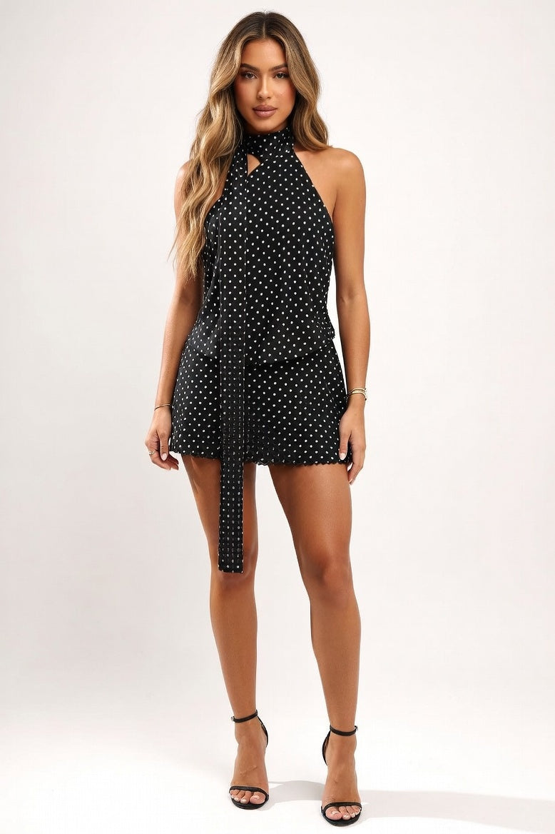 Halter Polka Dot Mini Dress — Black