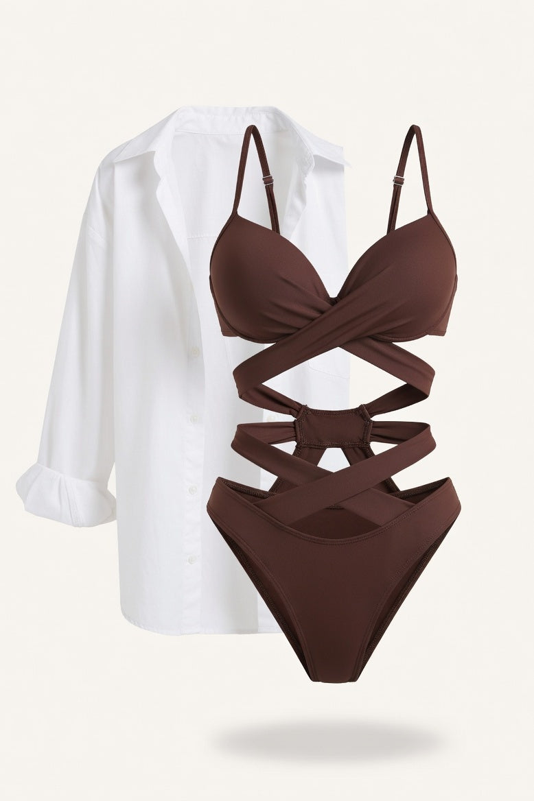 High Waist Strappy Bikini Set — Brown