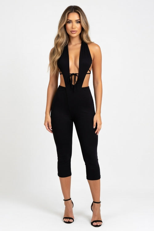 Plunge Neck Bodycon Jumpsuit — Black