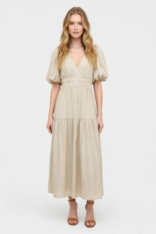 Deep V Puff Sleeve Maxi Dress — front view