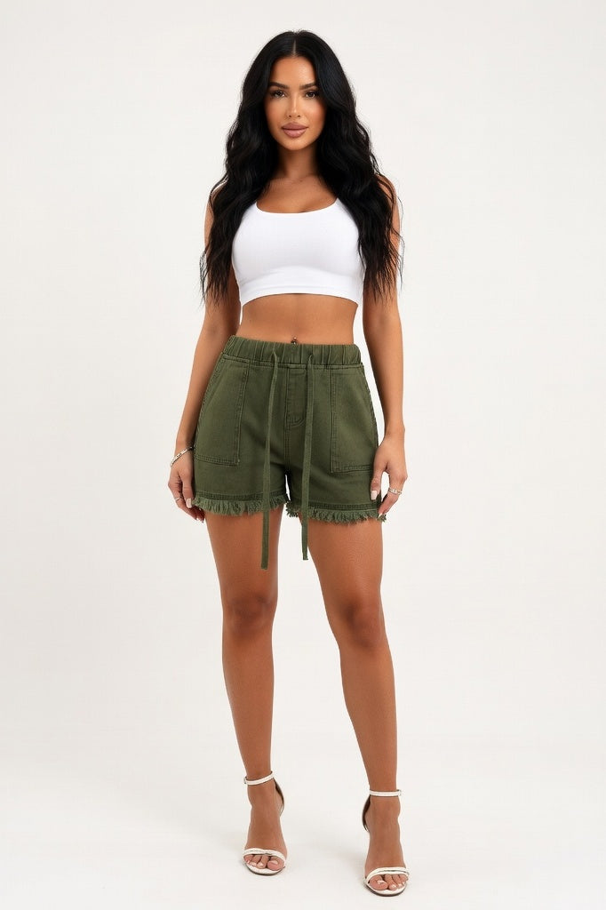 Raw Edge Denim Shorts — Army Green